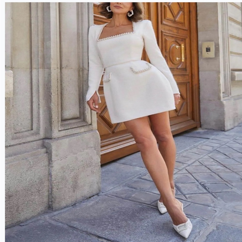 White Sheath Dress with Bell Sleeves and Square Neckline